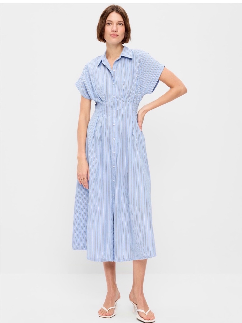 Old Navy Pintuck Waist Midi Light Blue Stripe Button Front Shirt Dress NWT
